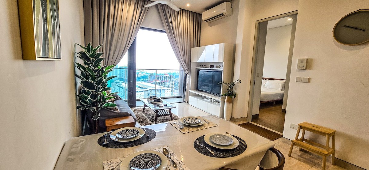 WY living and dining room with city-facing window